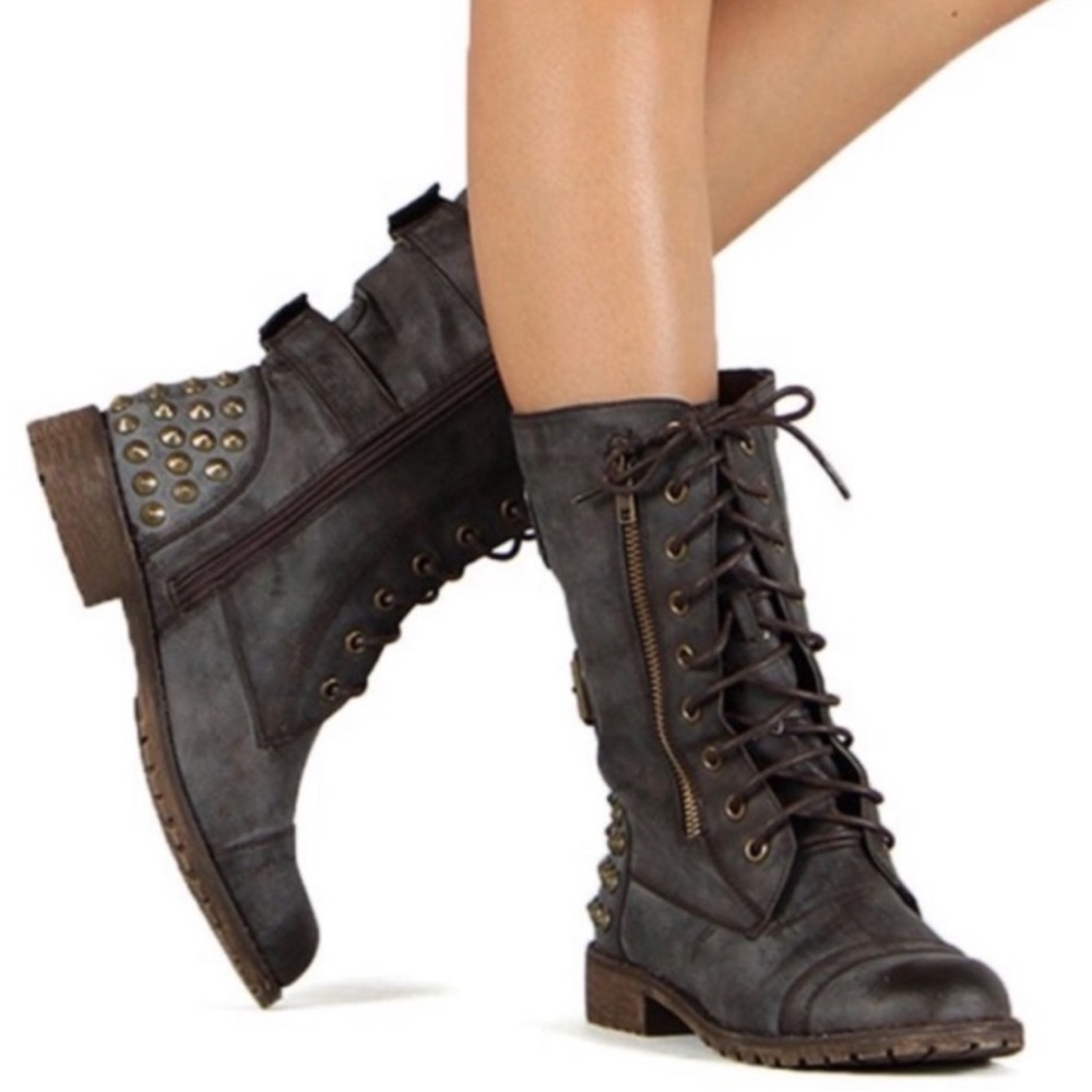 Nature Breeze Distressed Brown Faux Leather Studded Spike Lace Up Combat Boot